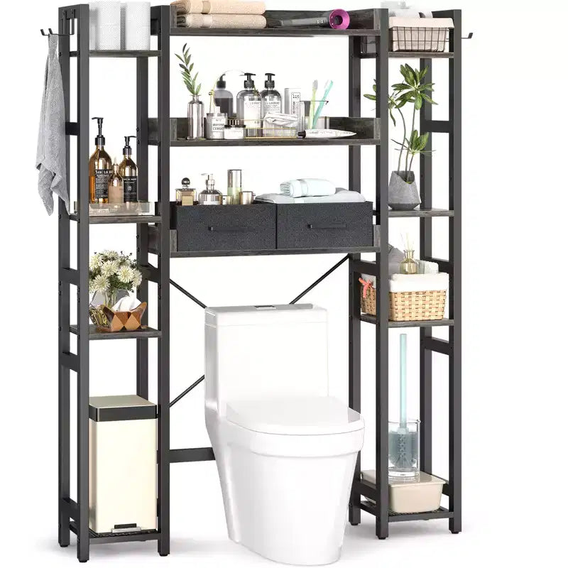 Besiost 7-11-Tier Bathroom Organizer with Adjustable Shelf, Over The Toilet Storage Rack with 4 Hooks and Drawers
