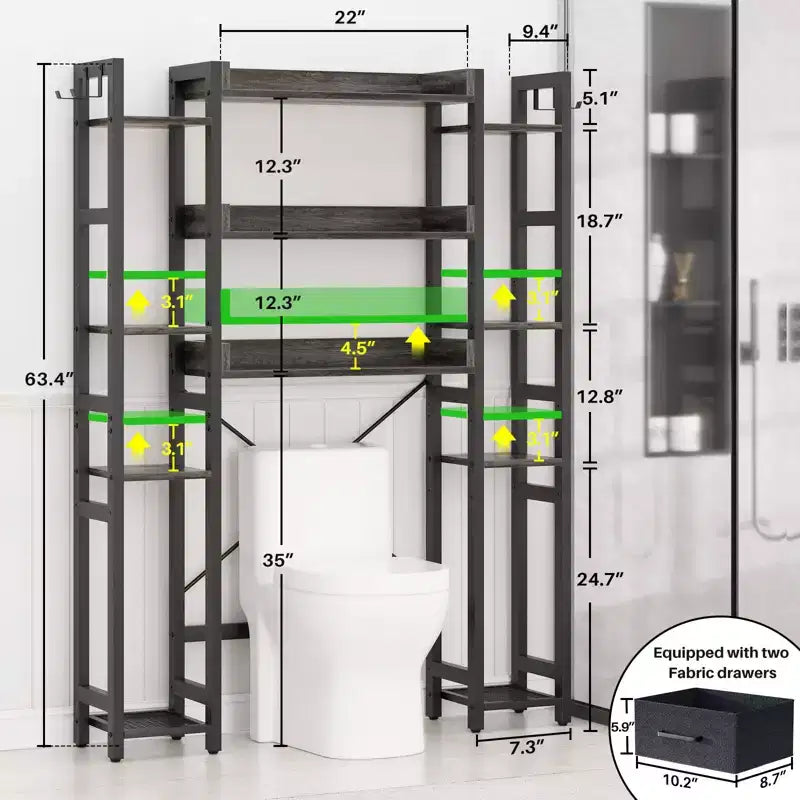Besiost 7-11-Tier Bathroom Organizer with Adjustable Shelf, Over The Toilet Storage Rack with 4 Hooks and Drawers