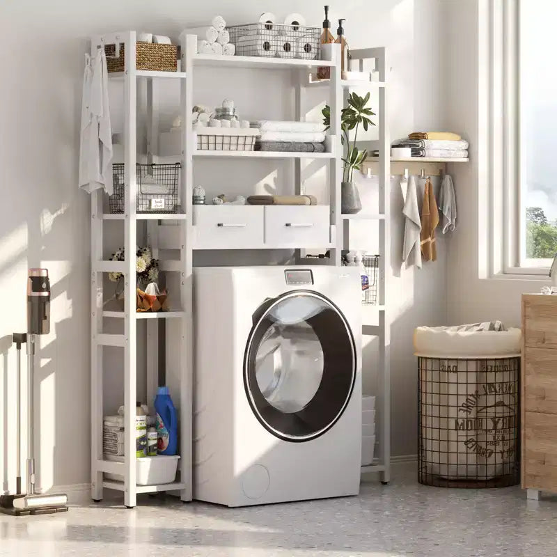Besiost 7-11-Tier Bathroom Organizer with Adjustable Shelf, Over The Toilet Storage Rack with 4 Hooks and Drawers