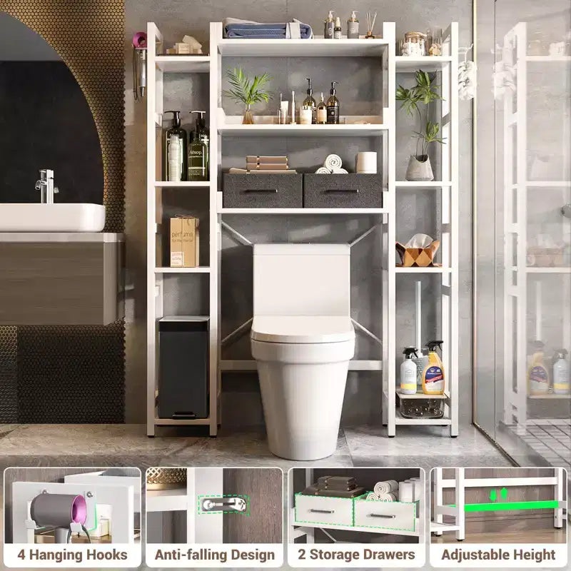 Besiost 7-11-Tier Bathroom Organizer with Adjustable Shelf, Over The Toilet Storage Rack with 4 Hooks and Drawers