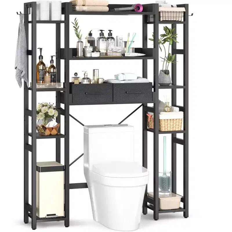 Besiost 7-11-Tier Bathroom Organizer with Adjustable Shelf, Over The Toilet Storage Rack with 4 Hooks and Drawers