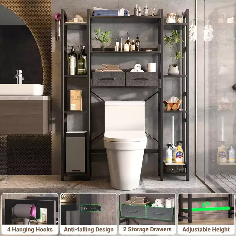 Besiost 7-11-Tier Bathroom Organizer with Adjustable Shelf, Over The Toilet Storage Rack with 4 Hooks and Drawers