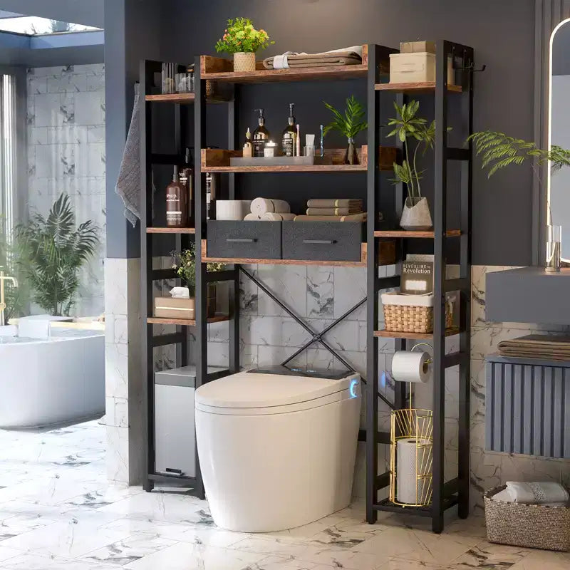 Besiost 7-11-Tier Bathroom Organizer with Adjustable Shelf, Over The Toilet Storage Rack with 4 Hooks and Drawers