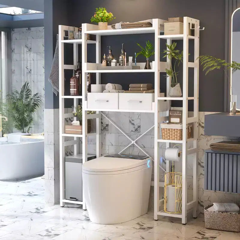 Besiost 7-11-Tier Bathroom Organizer with Adjustable Shelf, Over The Toilet Storage Rack with 4 Hooks and Drawers