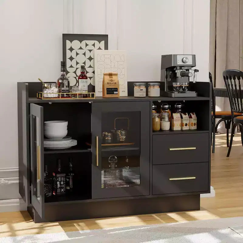 Wine Cabinet, Coffee Bar Station with Double Glass Doors, Black Liquor Storage Cabinet for Kitchen Living Room