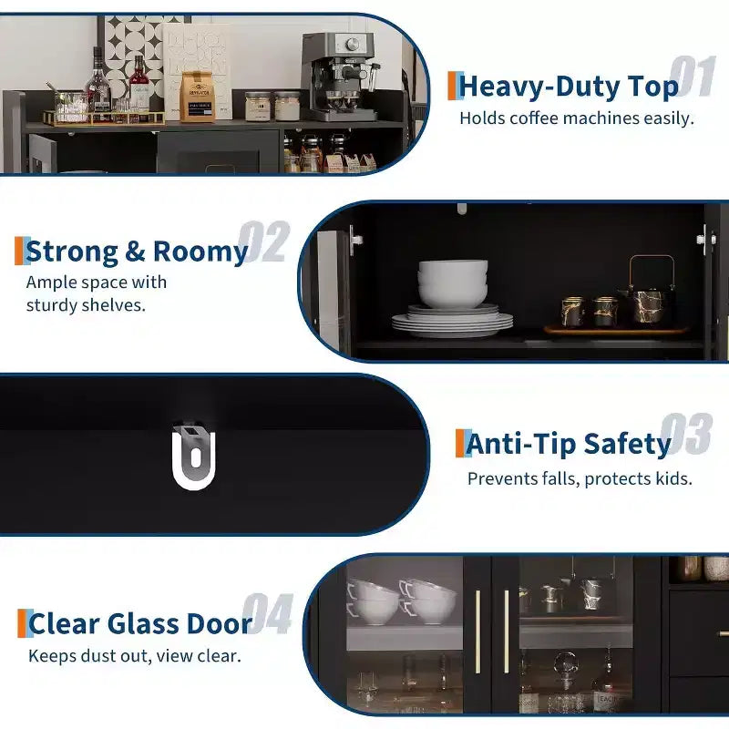 Wine Cabinet, Coffee Bar Station with Double Glass Doors, Black Liquor Storage Cabinet for Kitchen Living Room