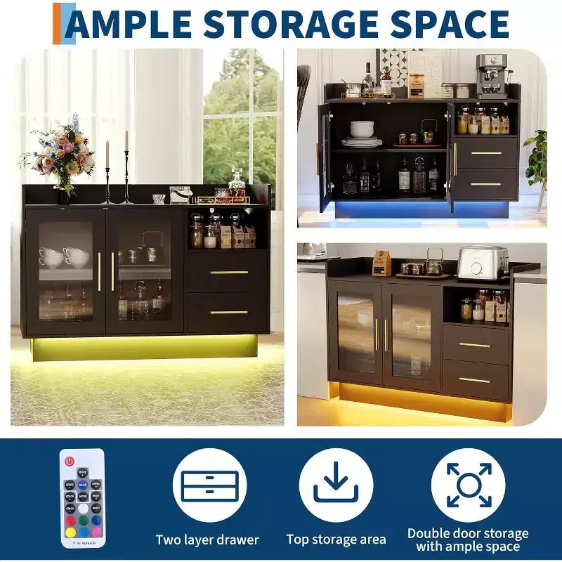 Wine Cabinet, Coffee Bar Station with Double Glass Doors, Black Liquor Storage Cabinet for Kitchen Living Room