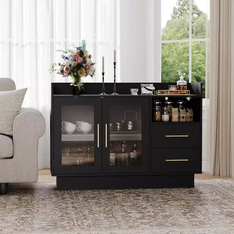 Wine Cabinet, Coffee Bar Station with Double Glass Doors, Black Liquor Storage Cabinet for Kitchen Living Room
