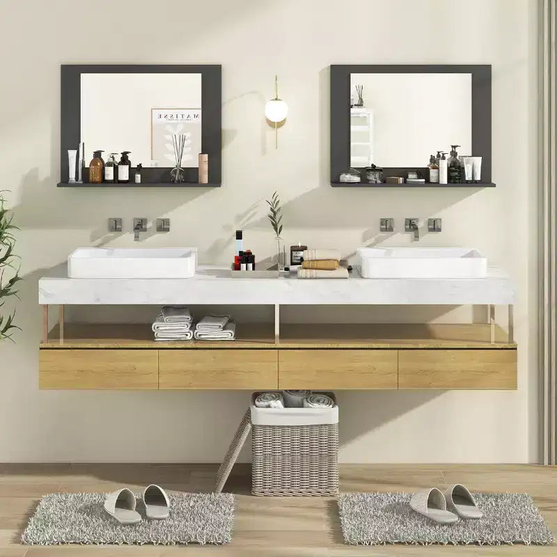 Costway Bathroom Mirror w/ Shelf 23.5 x 17.5 Rectangle Wood Frame Vanity Mirror