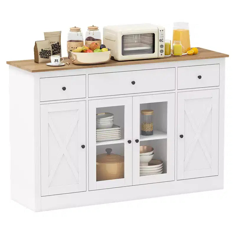 Costway 55 Large Buffet Sideboard w/ 3 Drawers 2 See-through Doors Adjustable Shelves