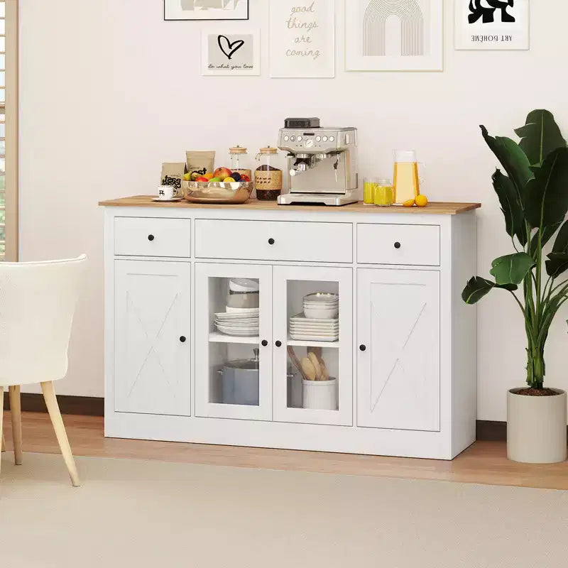Costway 55 Large Buffet Sideboard w/ 3 Drawers 2 See-through Doors Adjustable Shelves