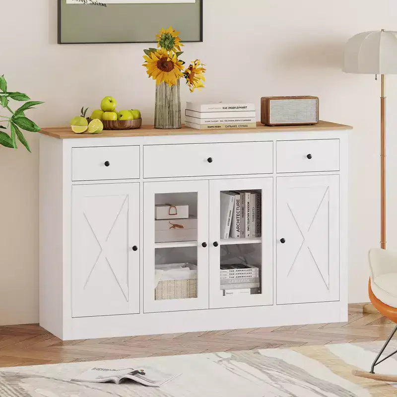 Costway 55 Large Buffet Sideboard w/ 3 Drawers 2 See-through Doors Adjustable Shelves