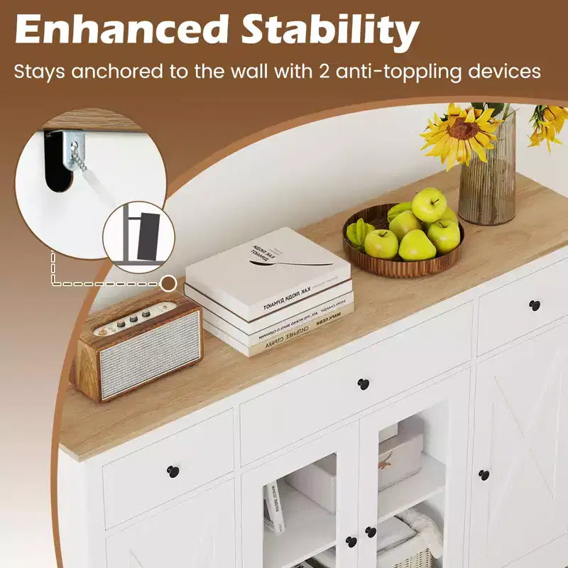 Costway 55 Large Buffet Sideboard w/ 3 Drawers 2 See-through Doors Adjustable Shelves