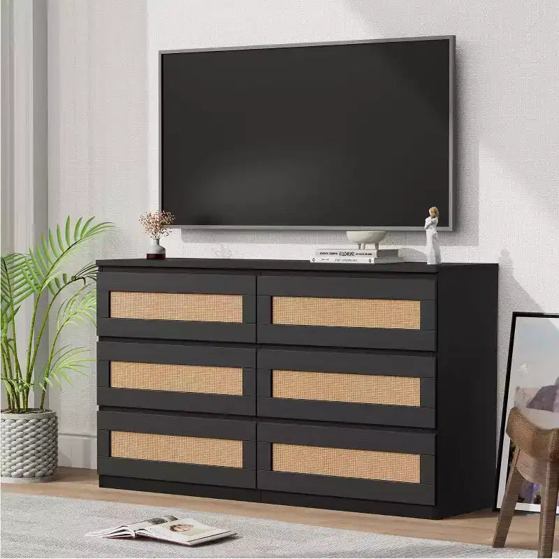 Modern Rattan 6-Drawer Dresser, Slim Black Storage Organizer for Bedroom Living Room Entryway, Freestanding Cabinet with Metal Handles