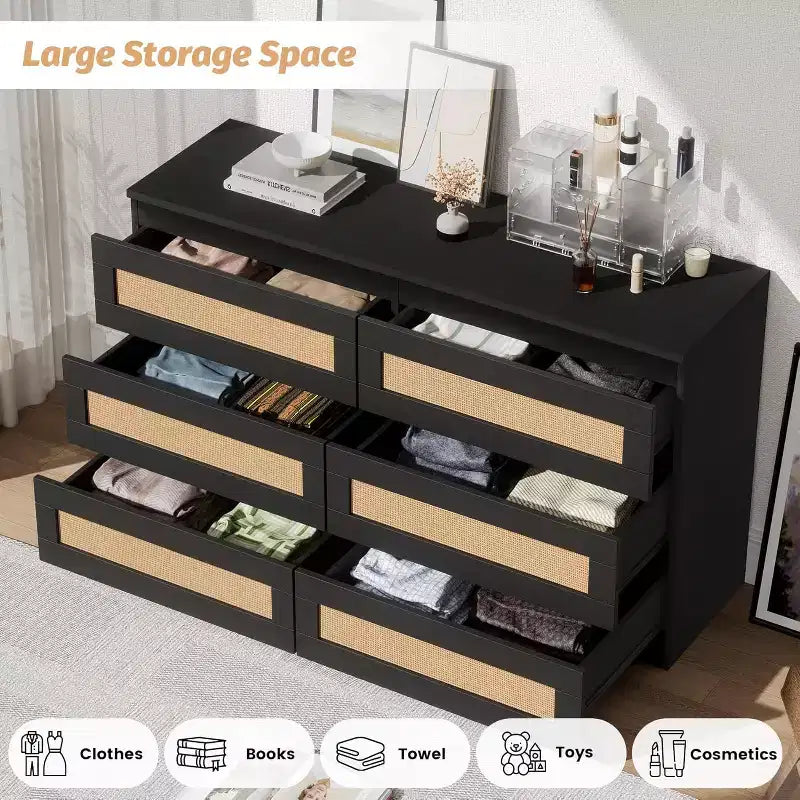 Modern Rattan 6-Drawer Dresser, Slim Black Storage Organizer for Bedroom Living Room Entryway, Freestanding Cabinet with Metal Handles