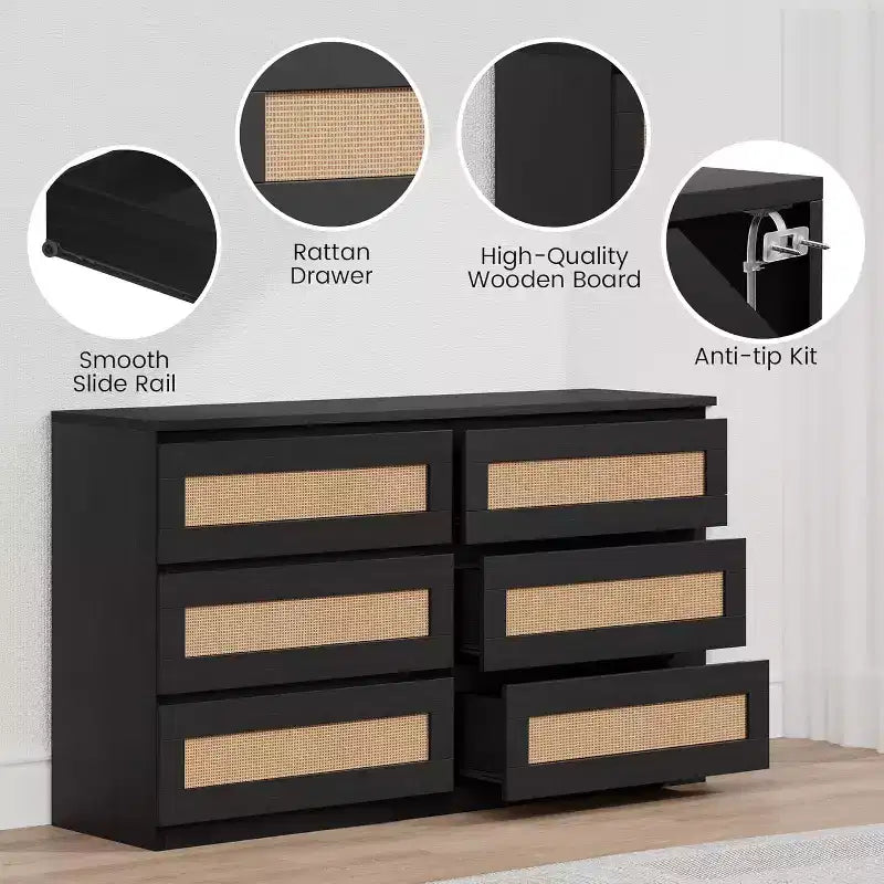 Modern Rattan 6-Drawer Dresser, Slim Black Storage Organizer for Bedroom Living Room Entryway, Freestanding Cabinet with Metal Handles