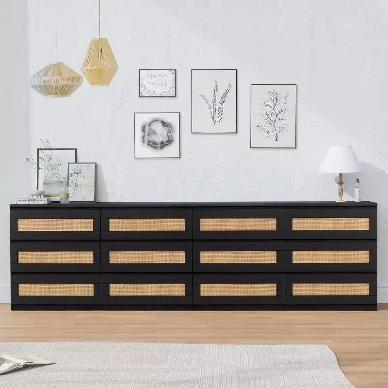 Modern Rattan 6-Drawer Dresser, Slim Black Storage Organizer for Bedroom Living Room Entryway, Freestanding Cabinet with Metal Handles