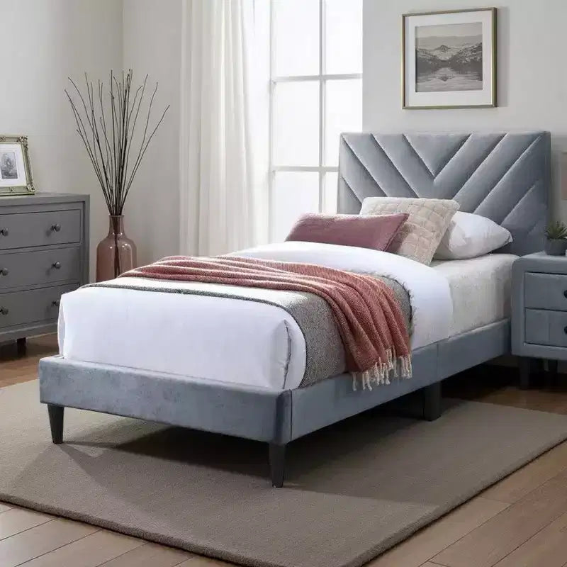 Royal Hampton Twin Size Bed, Tufted Gray Velvet Upholstery, Chevron Stitch