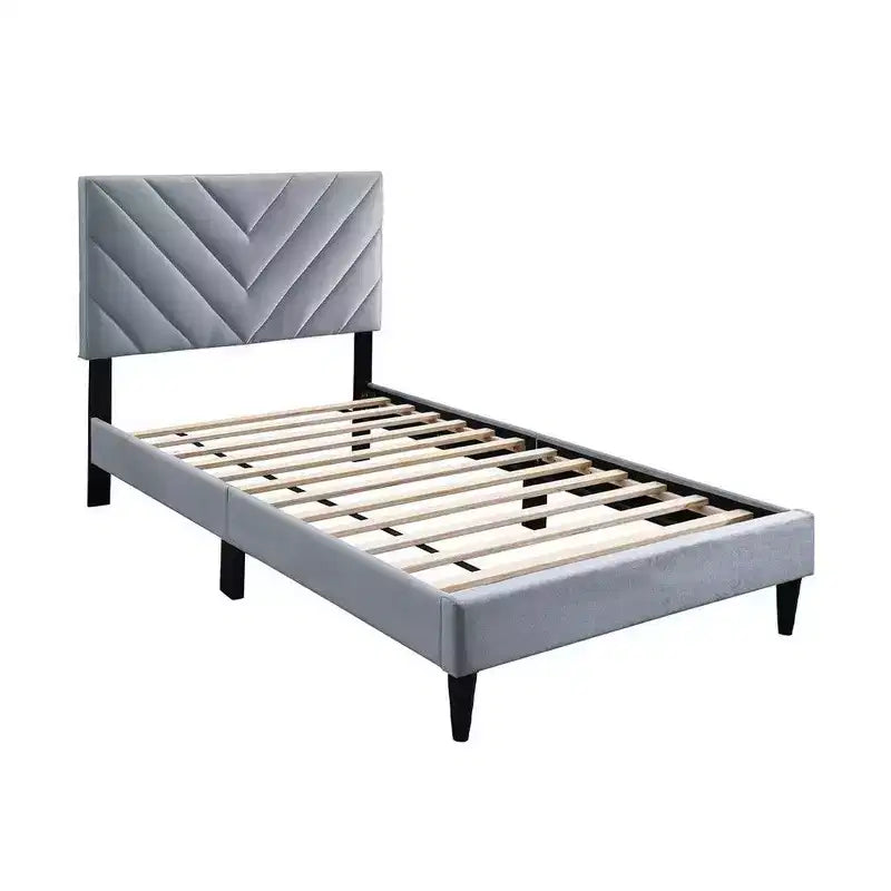 Royal Hampton Twin Size Bed, Tufted Gray Velvet Upholstery, Chevron Stitch