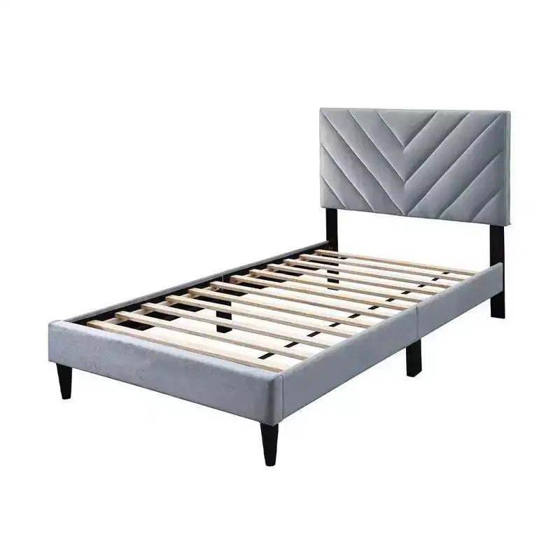 Royal Hampton Twin Size Bed, Tufted Gray Velvet Upholstery, Chevron Stitch