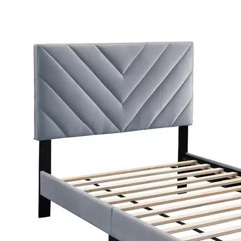 Royal Hampton Twin Size Bed, Tufted Gray Velvet Upholstery, Chevron Stitch