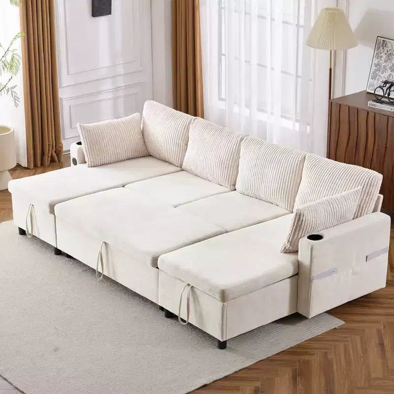 Whisen 113.4 Sectional Sofa, Pull-out Sofa Bed, Versatile Couch with Large Storage Space, Two Cup Holders