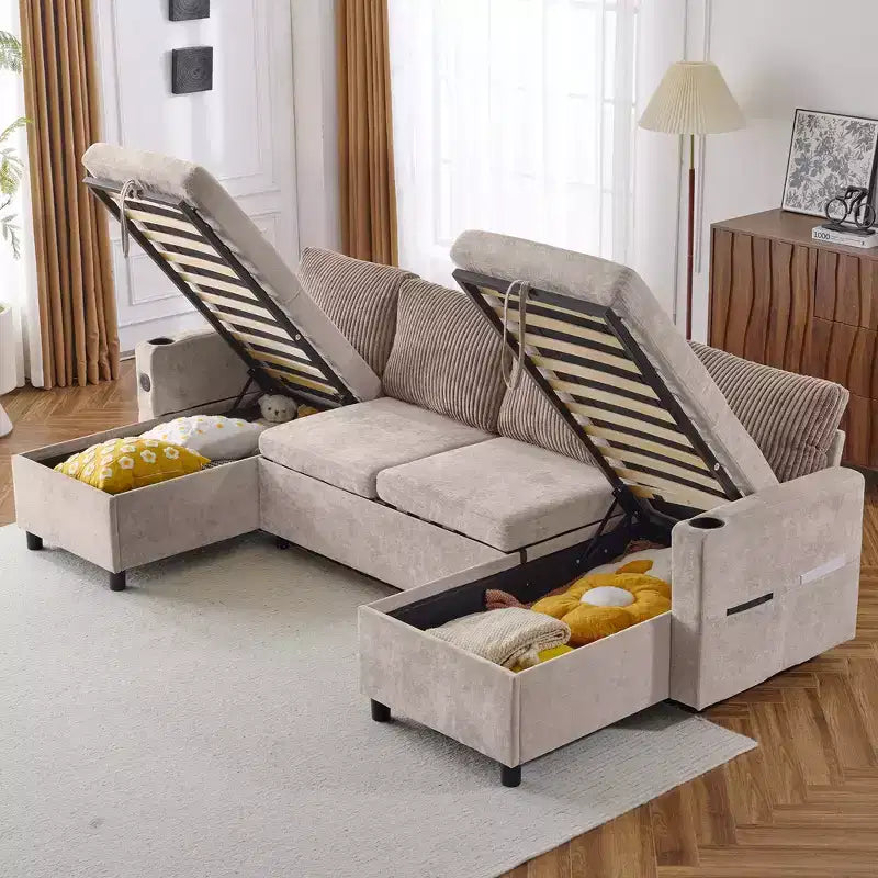 Whisen 113.4 Sectional Sofa, Pull-out Sofa Bed, Versatile Couch with Large Storage Space, Two Cup Holders