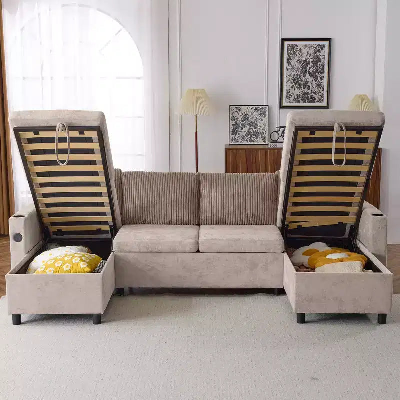Whisen 113.4 Sectional Sofa, Pull-out Sofa Bed, Versatile Couch with Large Storage Space, Two Cup Holders
