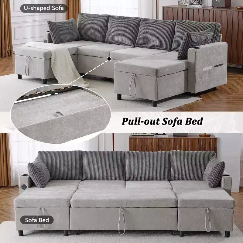 Whisen 113.4 Sectional Sofa, Pull-out Sofa Bed, Versatile Couch with Large Storage Space, Two Cup Holders