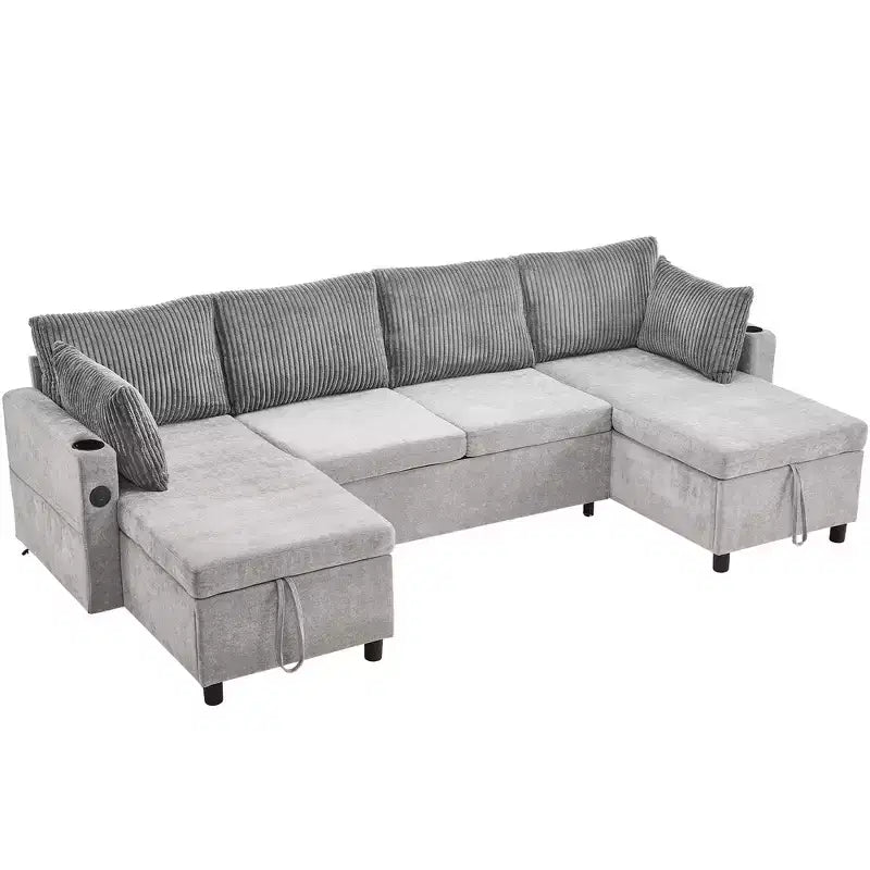 Whisen 113.4 Sectional Sofa, Pull-out Sofa Bed, Versatile Couch with Large Storage Space, Two Cup Holders