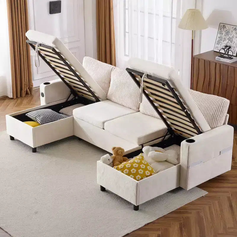 Whisen 113.4 Sectional Sofa, Pull-out Sofa Bed, Versatile Couch with Large Storage Space, Two Cup Holders