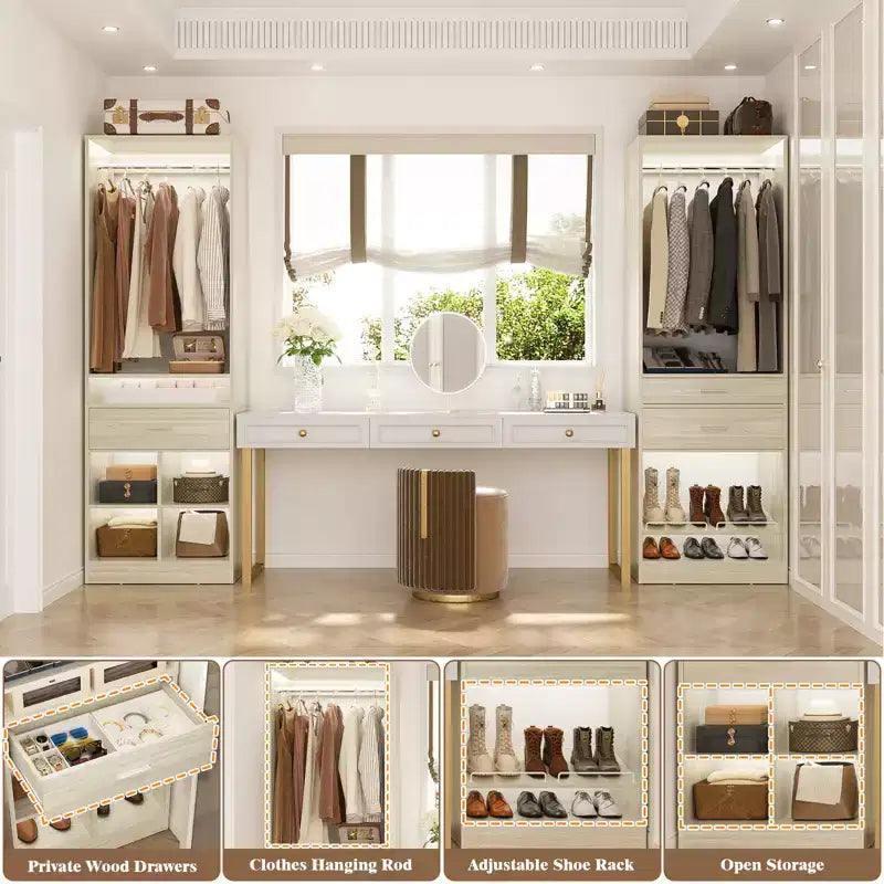 Besiost 50-In Freestanding Closet System Set with Wood Drawers, Closet Organizer with Shoe Rack and Cubbies Storage