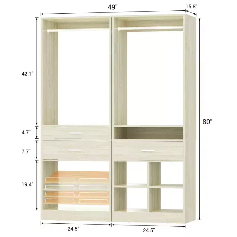Besiost 50-In Freestanding Closet System Set with Wood Drawers, Closet Organizer with Shoe Rack and Cubbies Storage