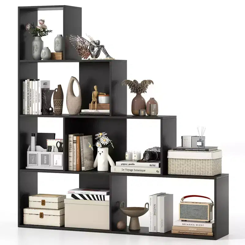 Costway 4-Tier Bookshelf w/ 6 Storage Cubes 64 Tall Modern Geometric Stair Bookcase