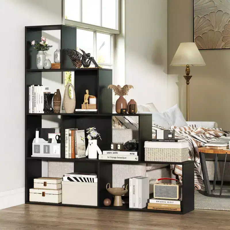 Costway 4-Tier Bookshelf w/ 6 Storage Cubes 64 Tall Modern Geometric Stair Bookcase