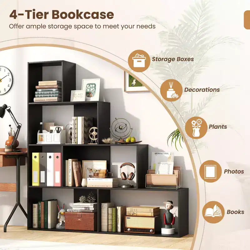 Costway 4-Tier Bookshelf w/ 6 Storage Cubes 64 Tall Modern Geometric Stair Bookcase