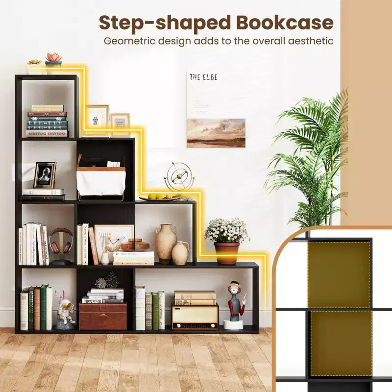 Costway 4-Tier Bookshelf w/ 6 Storage Cubes 64 Tall Modern Geometric Stair Bookcase