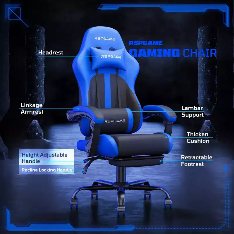 RSPGAME Basic Ergonomic Gaming Chairs for Adults, PU Leather Office Chairs with Lumbar Support, Pocket Spring Cushion and Retractable Footrest