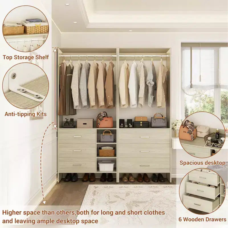 Besiost 54-In Closet System Set with Wood Drawers, Freestanding Closet Organizer with Hanging Rods