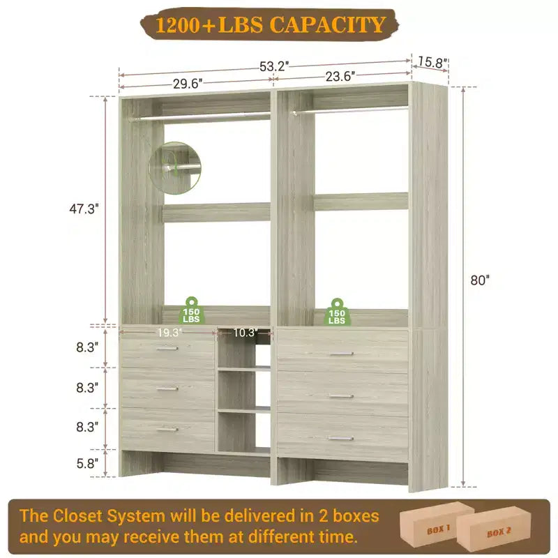 Besiost 54-In Closet System Set with Wood Drawers, Freestanding Closet Organizer with Hanging Rods