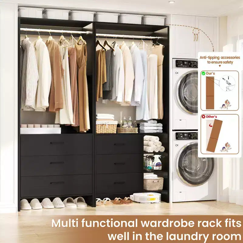 Besiost 54-In Closet System Set with Wood Drawers, Freestanding Closet Organizer with Hanging Rods