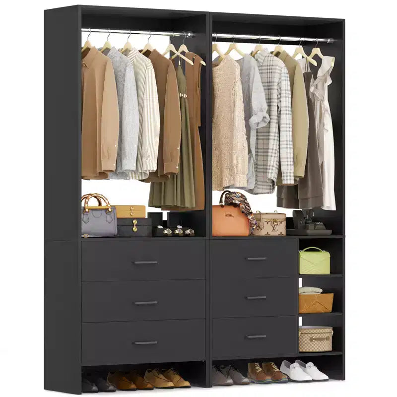 Besiost 54-In Closet System Set with Wood Drawers, Freestanding Closet Organizer with Hanging Rods