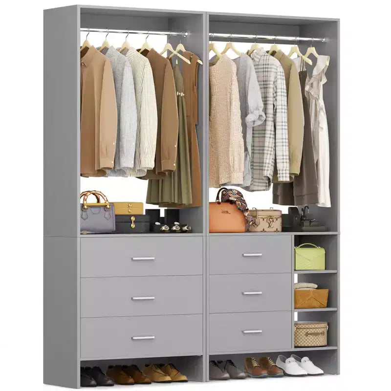 Besiost 54-In Closet System Set with Wood Drawers, Freestanding Closet Organizer with Hanging Rods