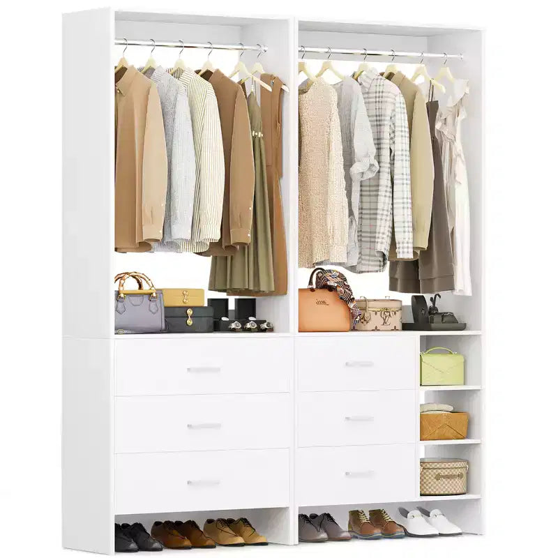 Besiost 54-In Closet System Set with Wood Drawers, Freestanding Closet Organizer with Hanging Rods