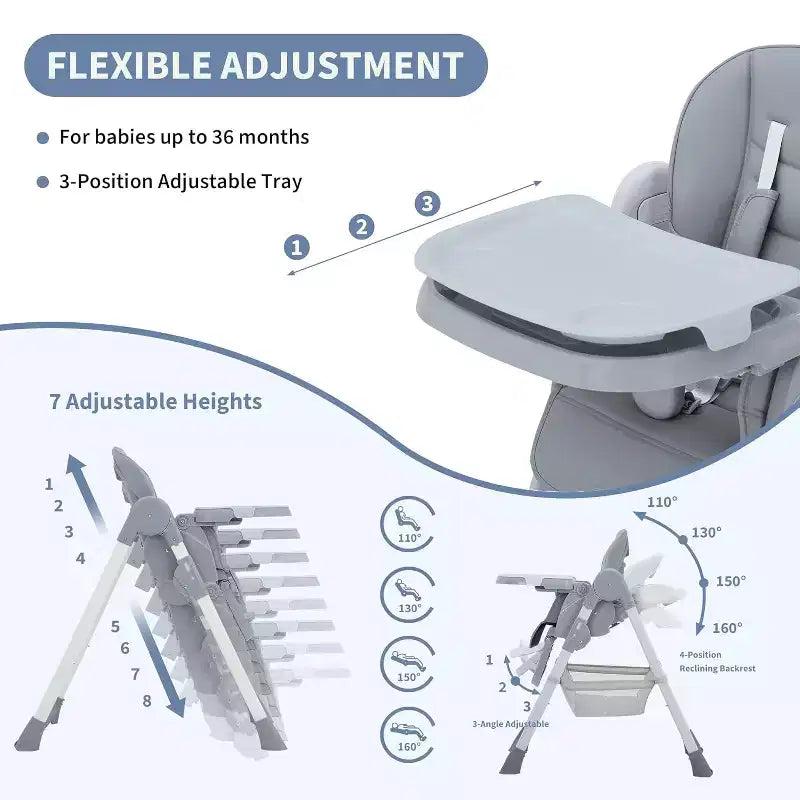 Space-Saving Foldable Baby High Chair - 7-Seat Height, 5-Point Harness, Adjustable Footrest & PU Cushion (6-36M)