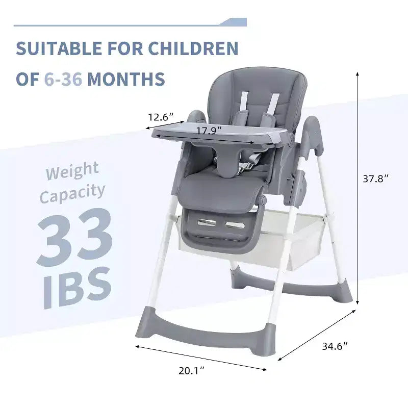 Space-Saving Foldable Baby High Chair - 7-Seat Height, 5-Point Harness, Adjustable Footrest & PU Cushion (6-36M)