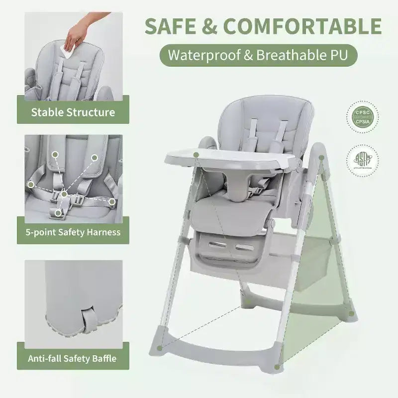 Space-Saving Foldable Baby High Chair - 7-Seat Height, 5-Point Harness, Adjustable Footrest & PU Cushion (6-36M)