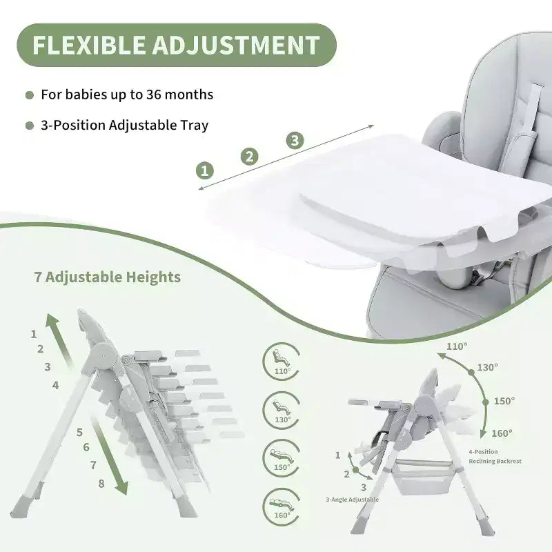 Space-Saving Foldable Baby High Chair - 7-Seat Height, 5-Point Harness, Adjustable Footrest & PU Cushion (6-36M)