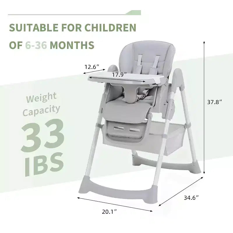 Space-Saving Foldable Baby High Chair - 7-Seat Height, 5-Point Harness, Adjustable Footrest & PU Cushion (6-36M)