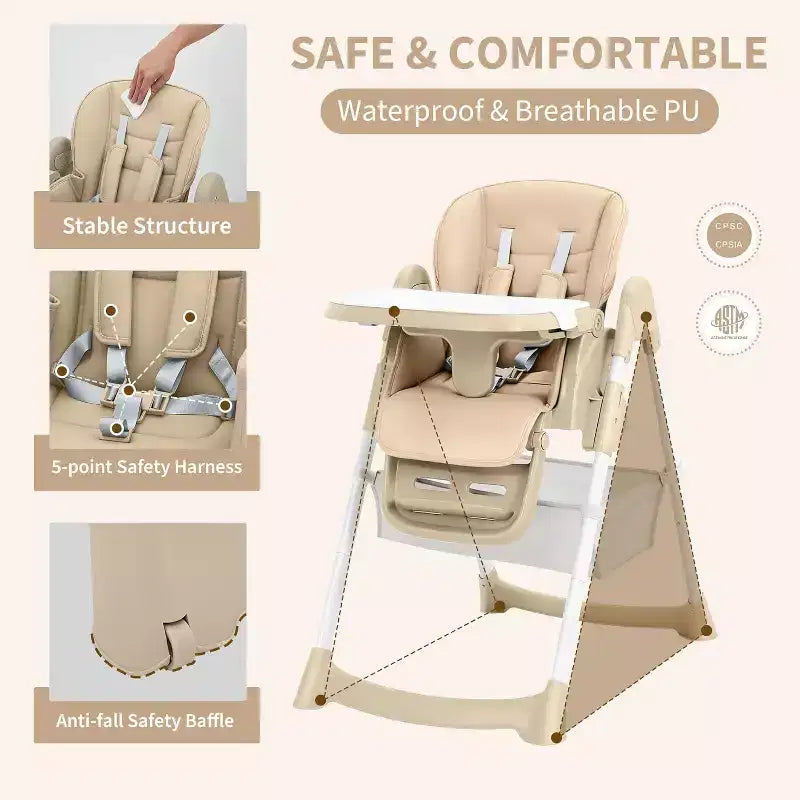 Space-Saving Foldable Baby High Chair - 7-Seat Height, 5-Point Harness, Adjustable Footrest & PU Cushion (6-36M)